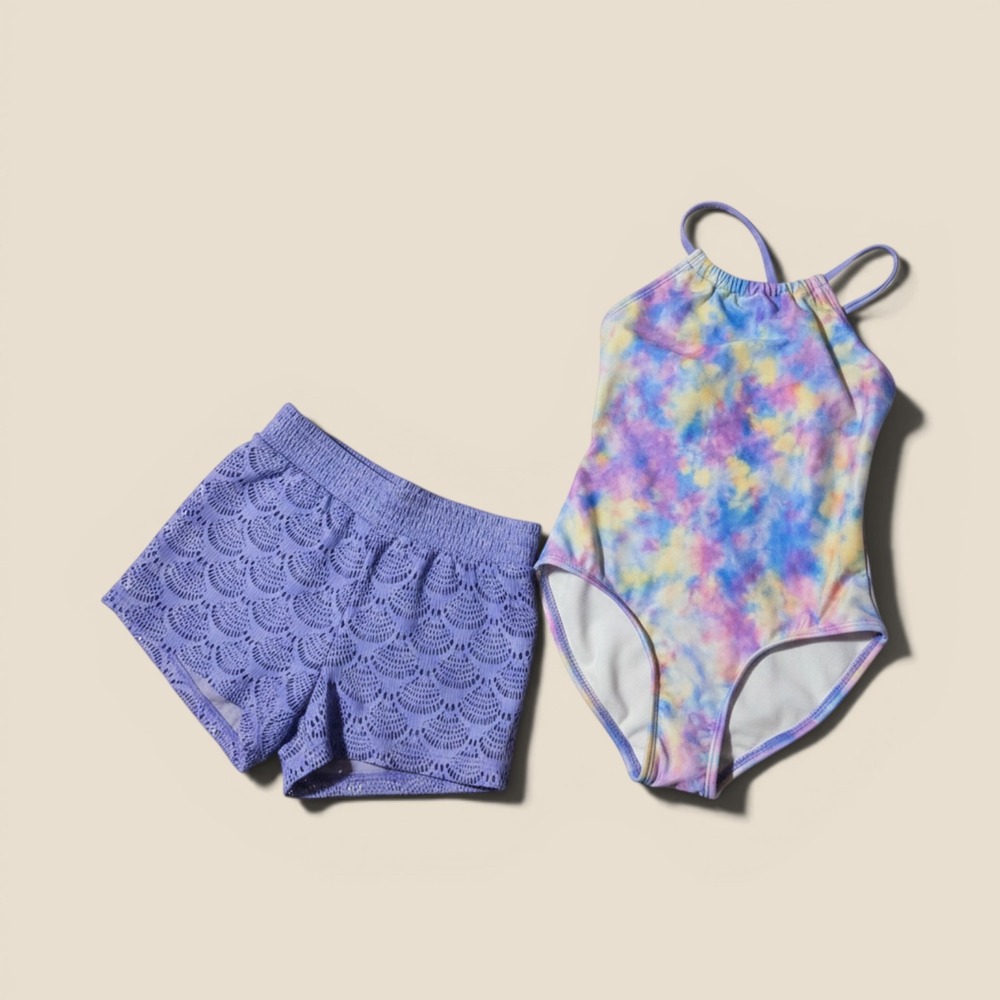 Cat‎ & Jack Tie Dye One Piece Swimsuit Girls with Blue Lace Shorts S-(6/7)